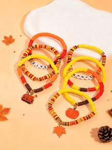 7pcs/Set Thanksgiving Turkey Pumpkin Maple Leaf Zinc Alloy Pendant Soft Clay Letter Beads Children Bracelet Set Autumn Thanksgiving Girls Gift - Multicolor - View 4
