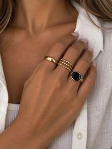 Dellgoo 3pcs European & American Style Stainless Steel Black Round Plain Band Stackable Rings, Vintage Luxury Daily Versatile Accessory - Gold - View 1