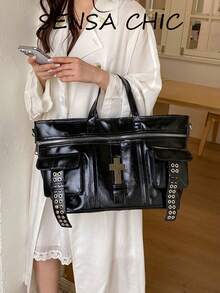Tote Bag Cool Cross Decor Travel Large Bag, Multi-Pocket 3D Patchwork, Eyelet Rivet Ribbon Design, Top Zipper Closure, Dual Handles With Wide Strap, Handheld & Crossbody Two-Way Use, Suitable For Short Trips, Creating Subculture Street Style Outfit - Black - View 6