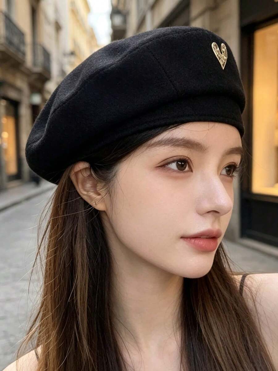 1 Pc Lady's Beret, Retro Painter Style Heart-Shaped Pattern, Non-Elastic / Suitable For Commuting And Parties, Women's Accessory, Adjustable Size - Multicolor - View 1