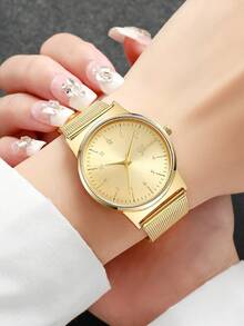 Jam Tangan Quartz Digital dengan Tali Jala untuk Wanita - Emas - View 2