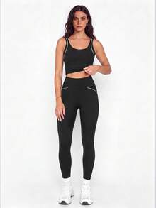 VUTRU Women's Tight Backless Tank Top & Butt-Lifting Leggings Workout Set For Fitness And Yoga - Black - View 3
