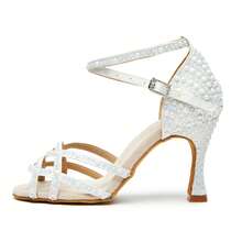 White Satin Open-Toed Soft Sole High Heels For Latin Dance, Suitable For Ladies' Salsa And Tango Practice And Performance, Party High Heels Salsa Women's Shoes 9CM - White - View 3