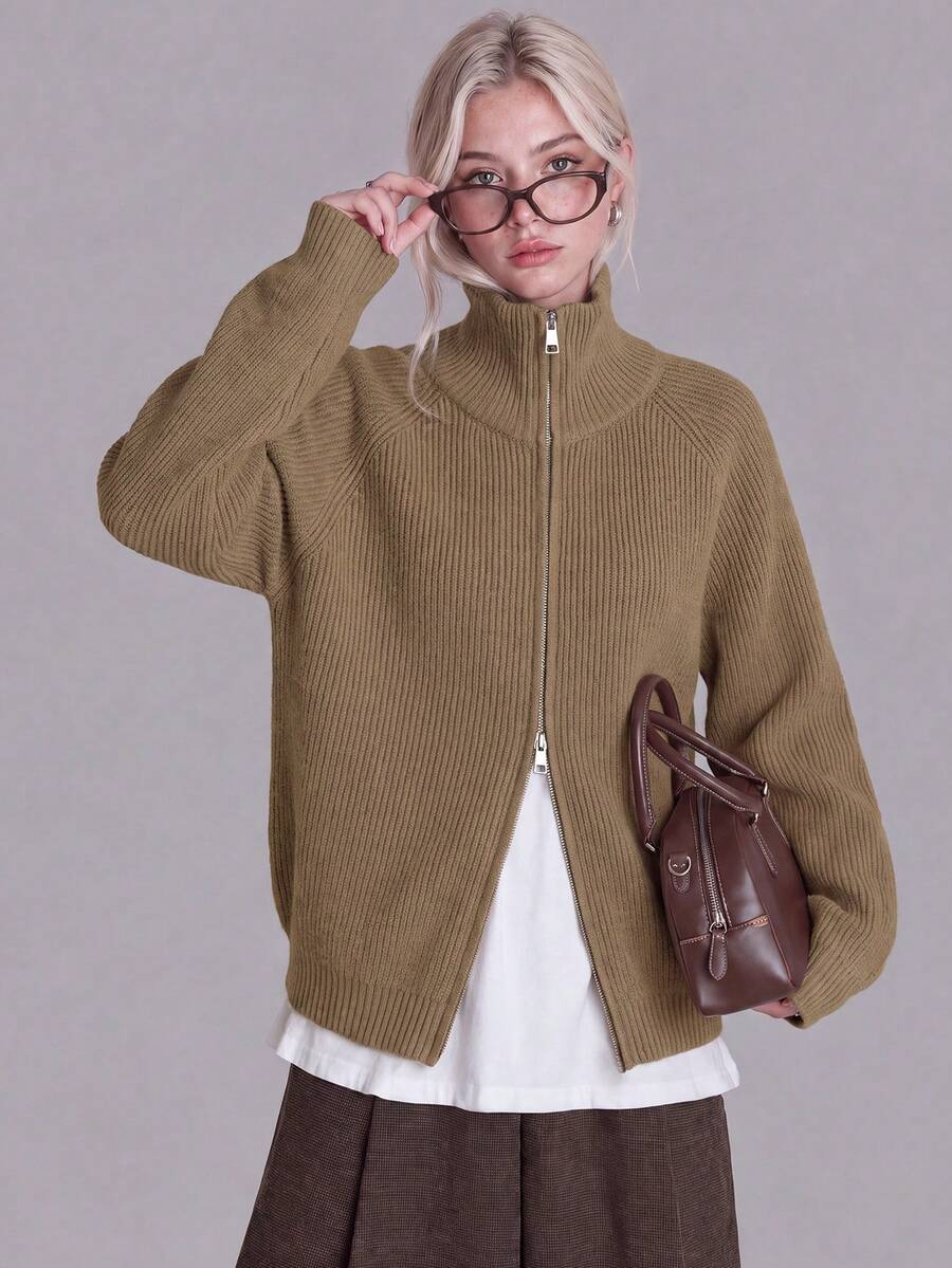 Women's Ribbed Knit Collar Cardigan Jacket, Full Zip, Long Sleeve, Short Length, Warm - Coffee Brown - View 1