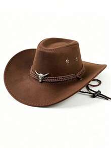 Unisex Western Cowboy Hat, Bull Head Decor Wide Brim Felt Hat ...