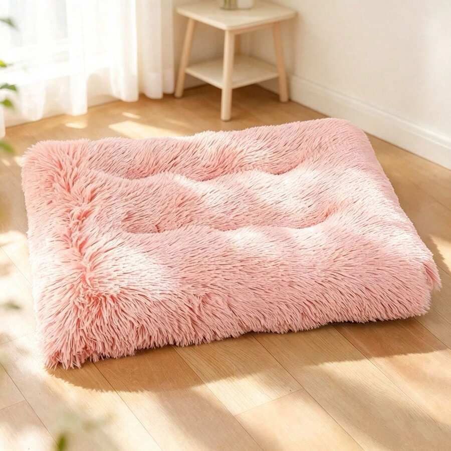 Fluffy Long Plush Pet Bed, Soft Warm Square Pet Cushion For Cats Small Medium Large Dogs, Multi Sizes Warm Faux Fur Pet Sleeping Mat, Comfort Calming Dog Bed Nest For Kitten Puppy, 4 Sizes Available - Pink - View 1