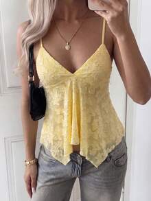 SCARLUX Fall Y2K Yellow Textured Pattern V Neck Asymmetrical Hem Cami, Casual Daily Wear Camisole Ideal For Back To School Summer - Yellow - View 5