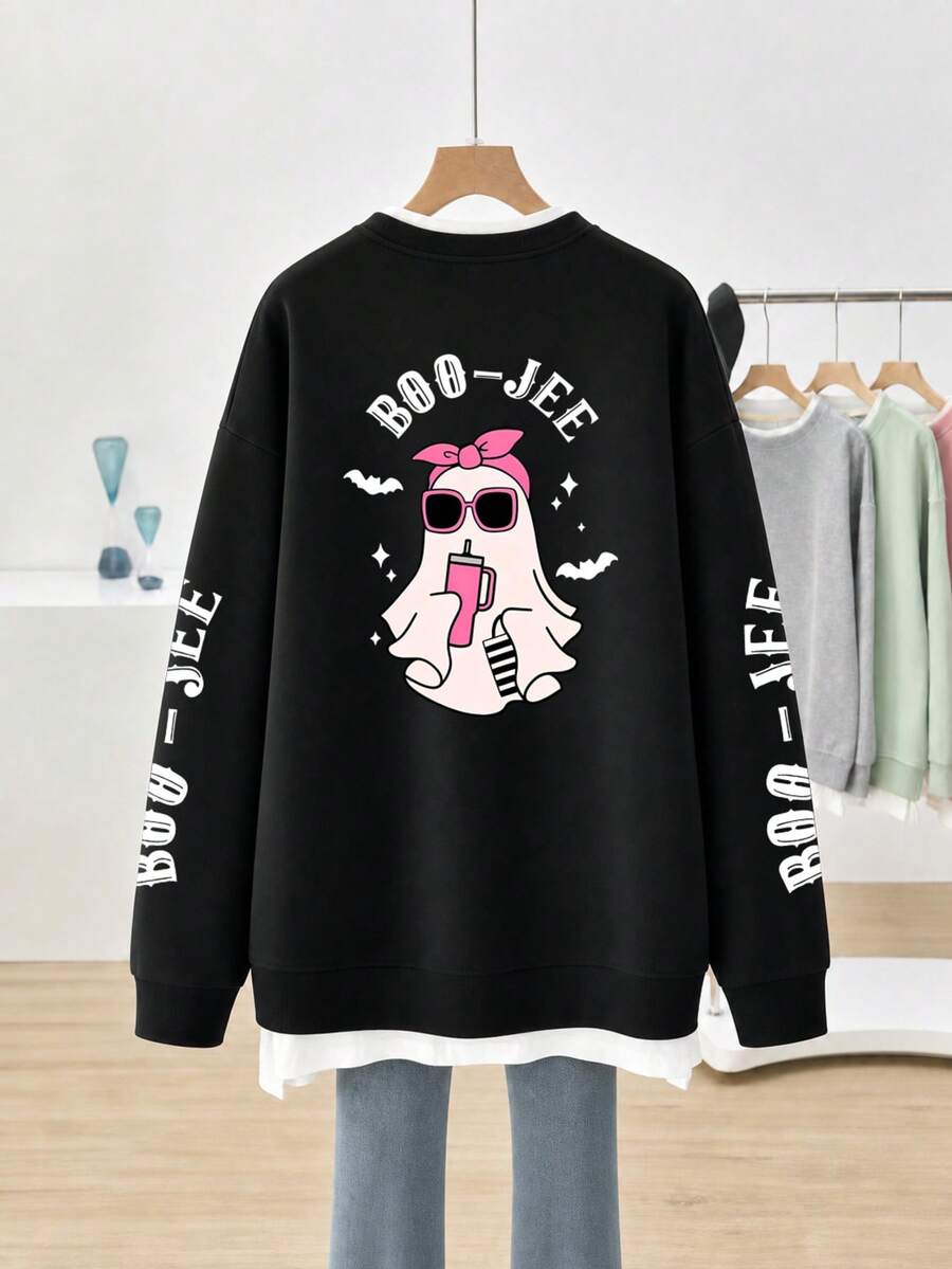 Sweatshirt Patchwork 2 in 1 Ukuran Plus Wanita, Motif Hantu & Kelelawar Kartun, Huruf di Lengan & Badan, Pullover Lengan Panjang Kerah Bulat dengan Bahu Jatuh Longgar - Hitam - View 1