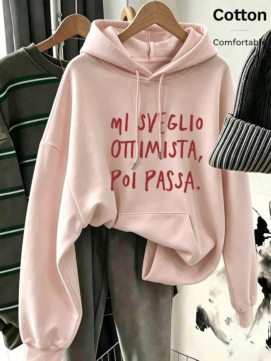 Autumn Women's Hoodie With Red Text Print "MI SVEGLIO OTTIMISTA, POI PASSA." Y2K - Flesh Pink - View 1