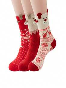 3 Pairs Women's Christmas Socks, Cute Cartoon Reindeer Design, Soft And Comfortable, Winter Holiday Socks - Multicolor - View 3