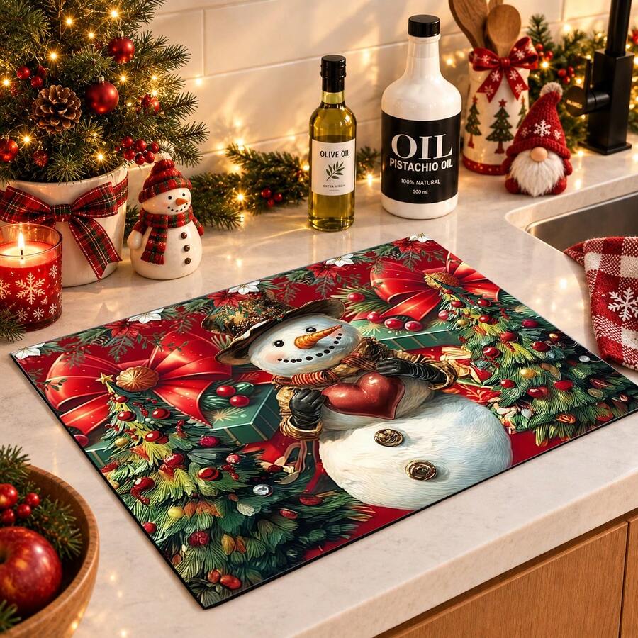 1pc Christmas Themed Printed Pattern Dish Drying Mat, Kitchen Countertop Bowl & Plate Rubber Bottom Drying Pad, Party Decoration, Super Absorbent Hidden Stain Dish Drying Mat, Soft Diatomaceous Earth With Rubber Backing Multi-Functional Kitchen Home Mat, Quick Dry Mat For Coffee Machine & Dish Rack, Kitchen Countertop Coffee Mat & Dish Drying Pad - LL LSD006 - View 1
