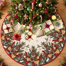 1pc Plaid Bow & Pom Pom Pattern Christmas Tree Skirt, Elegant Color Holiday Decor, 5 Sizes, Unisex Holiday Gift, Suitable For Home And Party Christmas Decoration - Plaid Bow Pine Cone - View 2