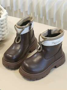 1 Pair New Children's Thick Sole Ankle Boots, Smooth Leather Lace-Up Design With Contrast Color Collar And Side Zipper - Brown - View 1