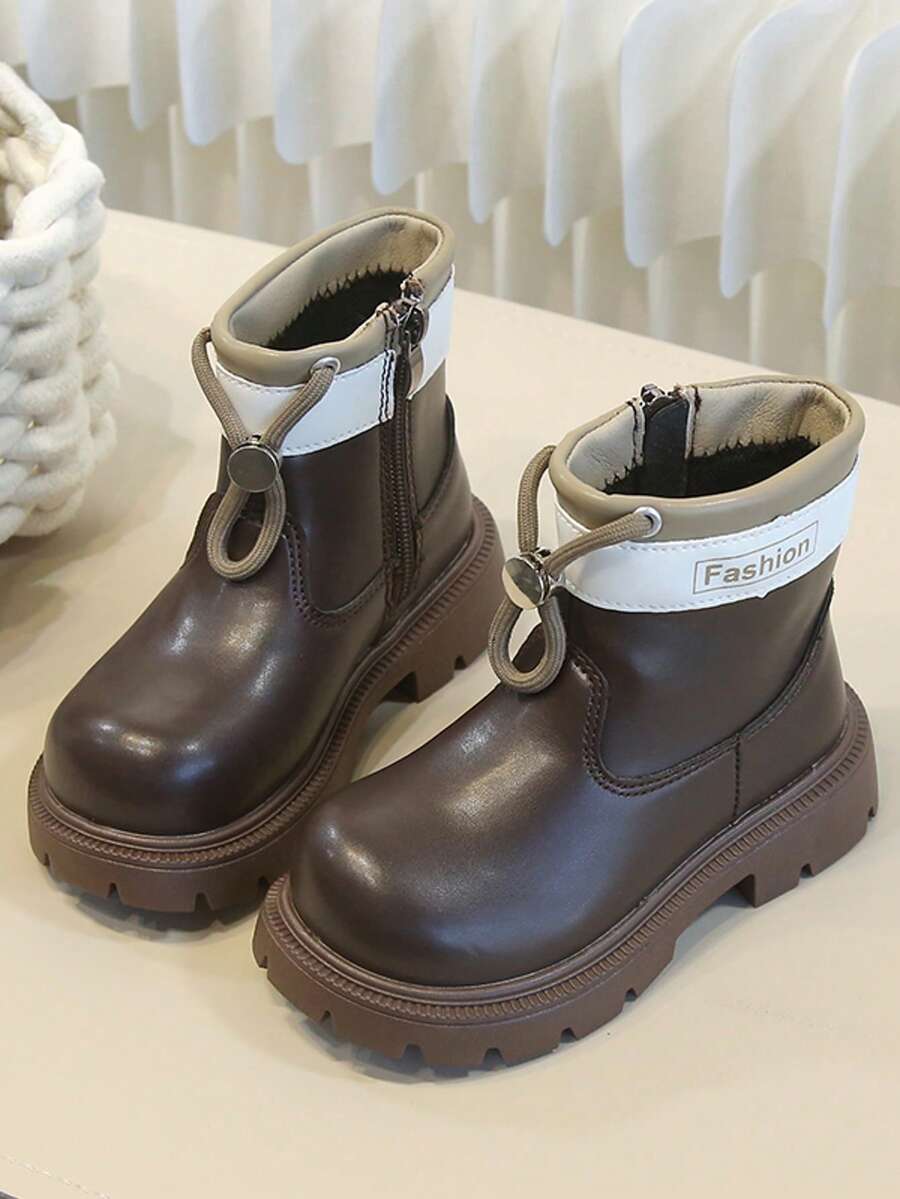 1 Pair New Children's Thick Sole Ankle Boots, Smooth Leather Lace-Up Design With Contrast Color Collar And Side Zipper - Brown - View 1