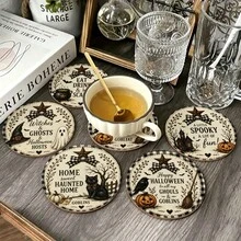Halloween Wooden Round Coasters, Vintage American Style Lettering Slogan Pattern Heat Insulation Pads, Suitable For Home Kitchen Dining Table Party, Winter Holiday, Protect Desktop Decor, Halloween Decoration Gift - Coaster LDX2769 - View 5
