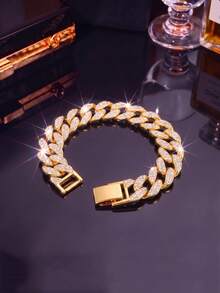 1pc 15mm Full Rhinestone Cuban Link Necklace, Men's Necklace, Suitable For Music Performance, Thick Hip-Hop Style, Suitable For Daily Wear, Party And Street Style - A - View 9
