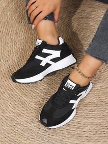 Women Casual Sneakers, Lace Up Closure, Layered Panel Design - Black - View 4
