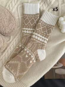 5 Pairs Women's Winter Thick Warm Socks, Rhombus Pattern Mid-Calf Cold-Proof Soft Comfortable Outdoor Knitted Socks - Multicolor - View 14