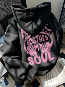 Women's Hooded Sweatshirt, Autumn/Winter New Style With Earphone Pattern And Letter Print, Drawstring Design, Pockets, Casual Versatile Loose Fit Top, Fashionable Daily Wear - Black - View 9