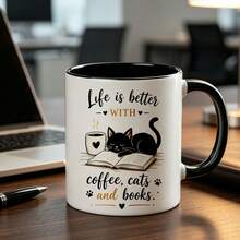 Life Is Better With Coffee, Cats And Books Coffee Mug, Black Cat Reading Books Pattern Ceramic Cup, Creative Birthday Holiday Gift For Cat Lovers, Book Enthusiasts, Bookworms - Multicolor - View 3
