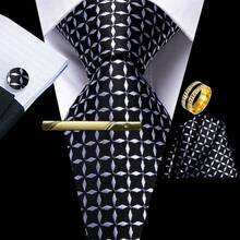5Pcs Men Black White Diamond 4-Petal Flower Tie Pocket Square Cufflinks Tie Clip Ring Set, Cufflinks Pattern Random For Wedding - Black - View 2
