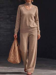 Live To Mo Women's V Neck Knit 2‑Piece Outfit, Loose Long Sleeve Sweater Top & Wide‑Leg Trousers, Simple Elegant Suit For Fall Daily & Commute Wear - Khaki - View 10