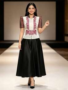 1pc Modern Filipiniana Blouse With Butterfly Sleeves, Button Blouse, Women's Short Sleeve Shirt Top For Office, Daily, Festival, Summer - Champagne - View 3