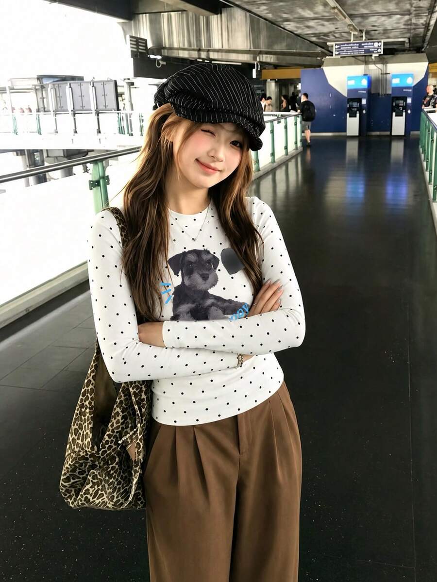 Japanese Cute Polka Dot Puppy Print T-Shirt For Women, Long Sleeve Round Neck Slim Fit Cropped Top, Autumn Inner Layer Round Neck Base Layer - White - View 1