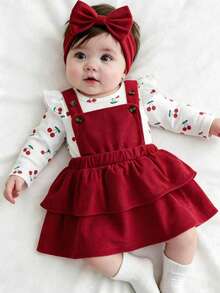 Autumn/Winter Baby Girl Stylish Outfit & Ribbed Cherry Long Sleeve Bodysuit & Red Ruffle Suspender Skirt & Red Bow Hair Tie & Newborn Outing Dress 3-Piece Set - Red - View 1