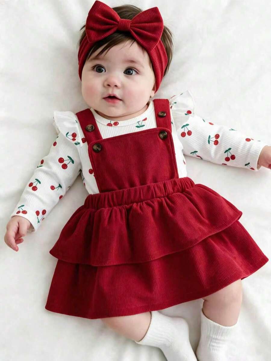 Autumn/Winter Baby Girl Stylish Outfit & Ribbed Cherry Long Sleeve Bodysuit & Red Ruffle Suspender Skirt & Red Bow Hair Tie & Newborn Outing Dress 3-Piece Set - Red - View 1