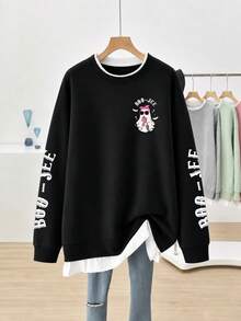 Sweatshirt Patchwork 2 in 1 Ukuran Plus Wanita, Motif Hantu & Kelelawar Kartun, Huruf di Lengan & Badan, Pullover Lengan Panjang Kerah Bulat dengan Bahu Jatuh Longgar - Hitam - View 2