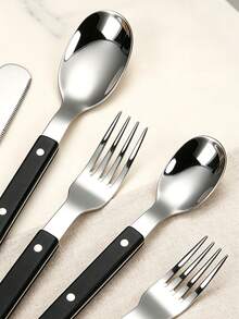 5pcs Stainless Steel Riveted Handle Knife Fork Spoon Dessert Spoon Fork Set Steak Knife Fork Heat-Resistant Handle Tableware Butter Knife - Silver - View 3