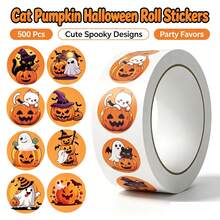 500Pcs Cat Pumpkin Halloween Roll Stickers, Cute Black Cat Ghost Round Stickers, Self-Adhesive Decals For Party Gift Envelope Scrapbook Decor - 500 Pcs/roll - View 2