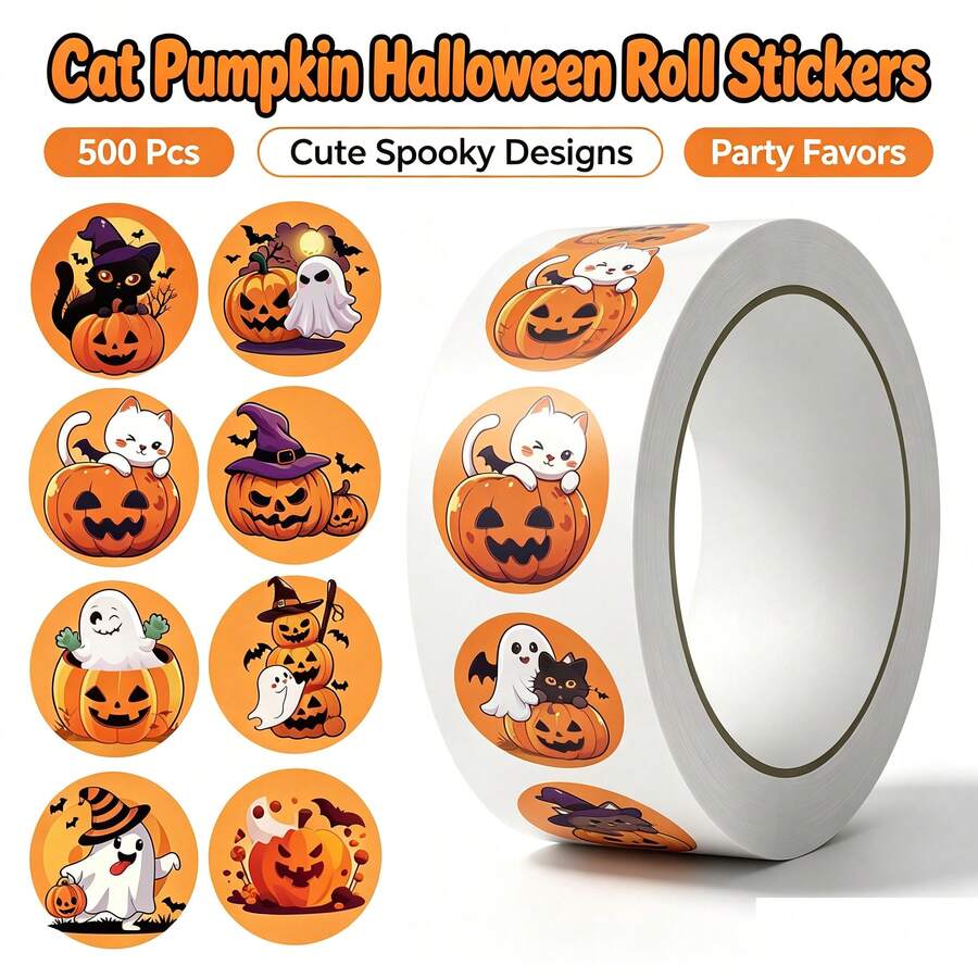 500Pcs Cat Pumpkin Halloween Roll Stickers, Cute Black Cat Ghost Round Stickers, Self-Adhesive Decals For Party Gift Envelope Scrapbook Decor
