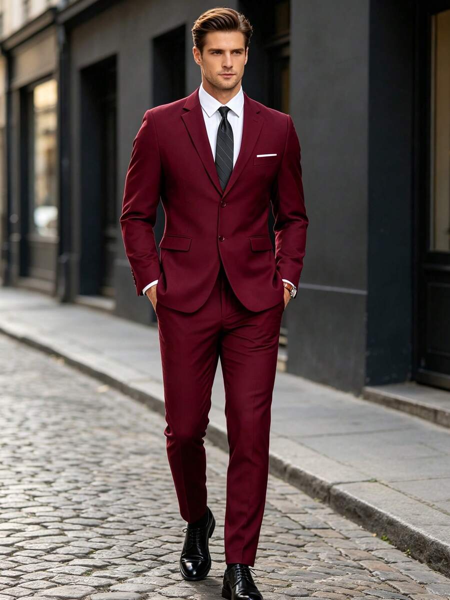Men's Suit Jacket Set, Gentleman Solid Color 2-Piece Jacket And Tie Set, Long Sleeve Double-Button Slim Fit Single-Breasted, Travel Wedding Party Business Dance