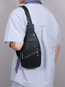 Men's Woven Sling Chest Bag, PU Leather Crossbody Backpack, Casual Daypack For Daily Travel Outdoor - Black - View 5