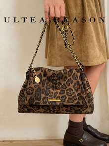 1pc Leopard Print Polyester New Women's Bag, Shoulder Bag, Crossbody Bag, Fashion Square Handbag, Chain Strap, Suitable For Commuting, Shopping, Dating - Coffee - View 5