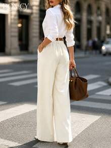 DONICY Women's White High Waisted Double Button Pleated Wide Leg Trousers, Office & Casual Wear - White - View 2