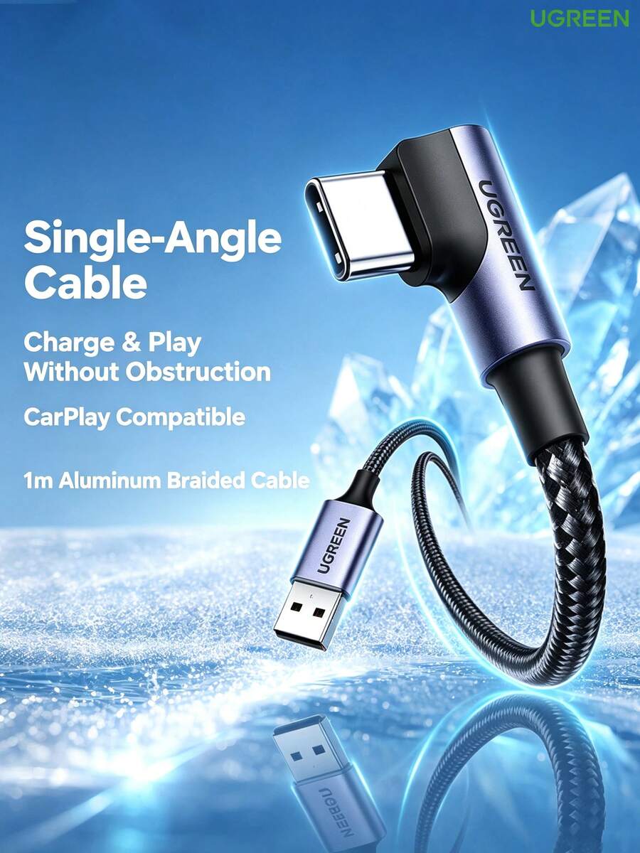 UGREEN US284 USB-A To Type-C Data Cable, 90-Degree Right Angle, 3A Fast Charging, USB 2.0 High-Speed Data Transfer, Braided Cable, For Phone Gaming, Charging, And File Transfer - Dark Grey - View 1