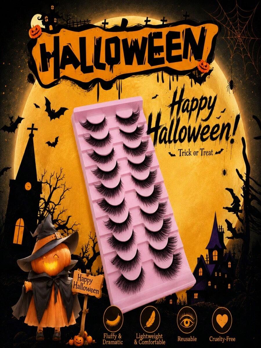 10 Pairs Halloween Cartoon Eye False Eyelashes, Transparent Invisible Stem, Wispy 3D Fluffy & Dense, Create Halloween Atmosphere Makeup, Suitable For Cosplay Players & Makeup Artists, Perfect For Halloween Themed Parties, Balls, Stage & Cosplay Looks - View 1