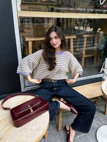 Sweater Lengan Panjang Bergaris Kasual untuk Wanita Ukuran Besar, Cocok untuk Pemakaian Sehari-hari - Kuning dan ungu - View 8