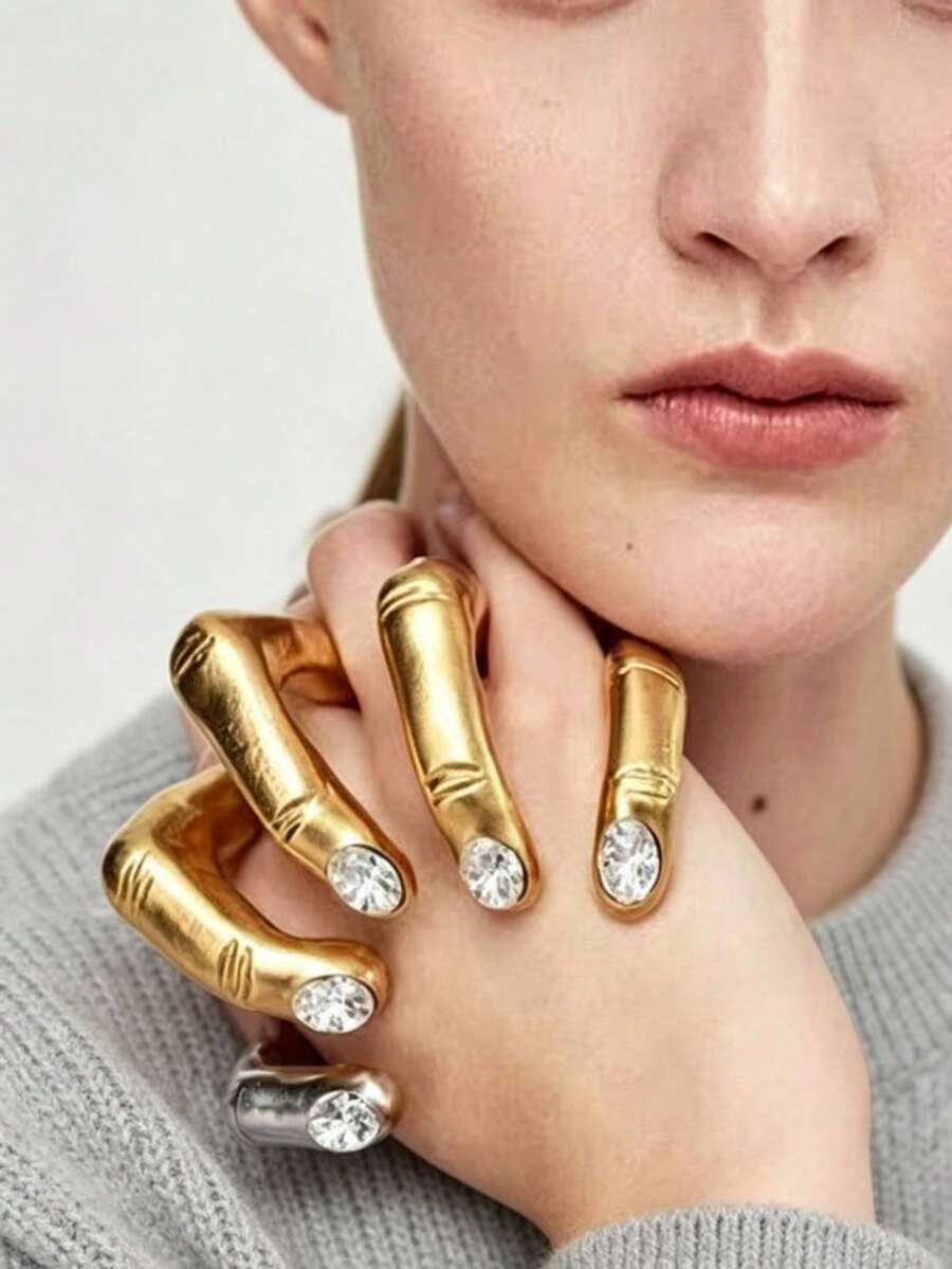 1 pieza Anillo Fidget de Agarre Manual con Estilo Exagerado, Metal Incrustado con Strass, Accesorio de Mano para Halloween - Oro 2 - Ver 1