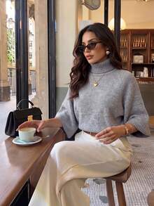 Women's Solid Color Turtleneck 3/4 Sleeve Sweater, Casual Elegant Knit Top, Comfortable For Office Home Daily Wear, Autumn Winter - Grey - View 7