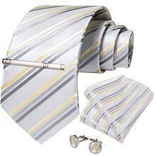 Silver Gray Gold Diagonal Striped Men's Tie 4-Piece Set, Pocket Square, Cufflinks, Silver Tie Clip Combination, Business Formal Accessories - White - View 2