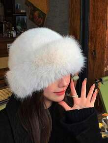 1pc Women's Plush Winter Hat, European American Korean Style Warm Headwear, Solid Color Cute Versatile, Thickened Design, Suitable For Winter Outfits - White - View 10