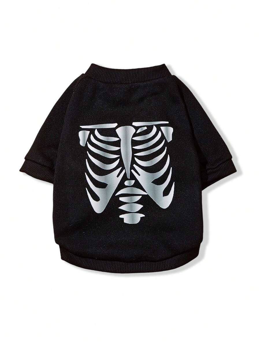 LUCKIE PAW 1pc Halloween Silver Skeleton Ribs Funny Pattern Pet Hoodie, Physical Flea Prevention, Reduce Shedding, Warm & Breathable Dog Vest, Suitable For Large And Small Dogs And Cats, Indoor And Outdoor - Black - View 1