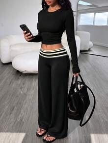 Striped Folded Waist Design Loose Drape Floor-Length Casual Versatile Butt-Lifting Long Pants For Women - Black - View 2