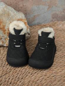 Infant & Toddler Thermal Lined Warm Boots, Unisex Solid Color Soft Sole Fashion Versatile Mid-Top Boots, Hook & Loop Easy On/Off Design - Black - View 2