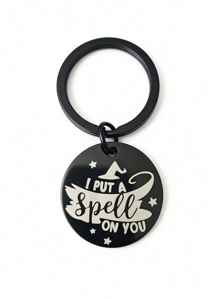 1pc New Stainless Steel Halloween Witch Keychains, I Put A Spell On You Engraved Charm, Black Key Rings, Car Bag Pendant, Halloween Party Gift - Multicolor - View 1