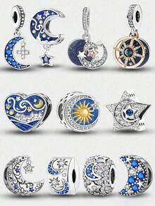 1pc Moon & Star Beaded Charm, Suitable For Women's Bracelet, Bangle DIY Jewelry Making And Daily Accessory Decoration - Silver - View 13